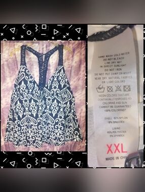 Unbranded Black & White Filigree Print Swim Tankini w/Macrame Back Detail Sz XXL